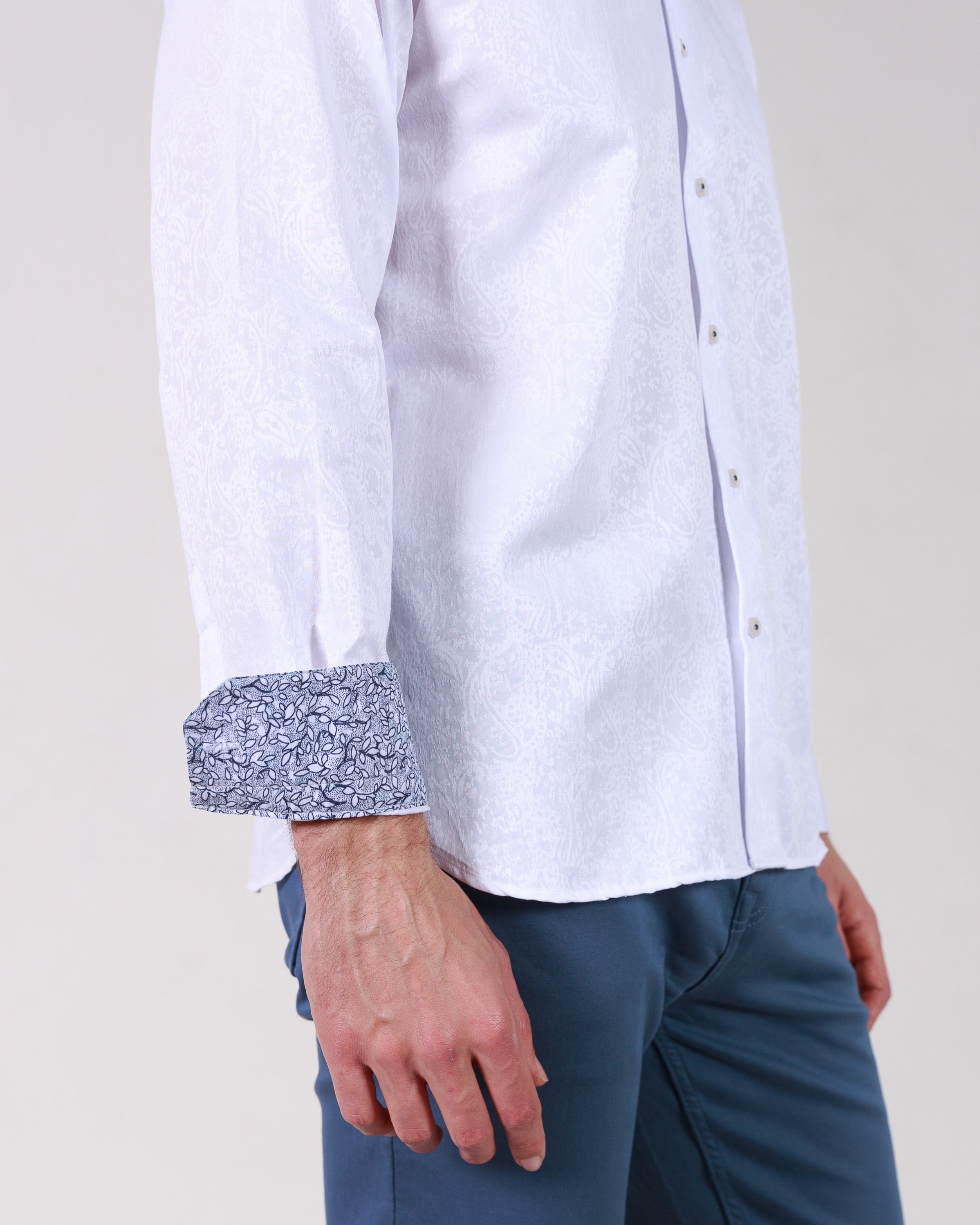 White on White Jacquard Long Sleeve Cotton Shirt