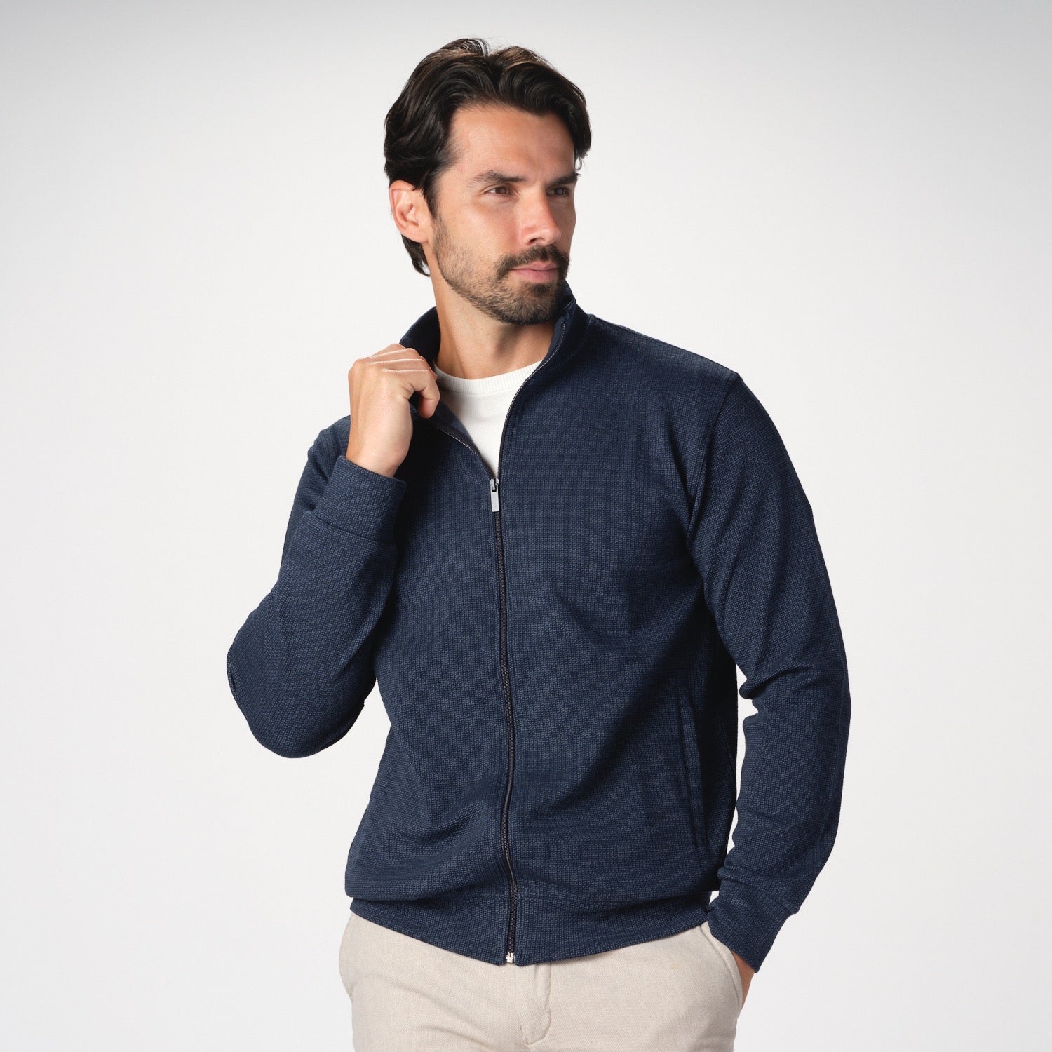 Luxury Tech Full Zip Blue Jersey Sweater