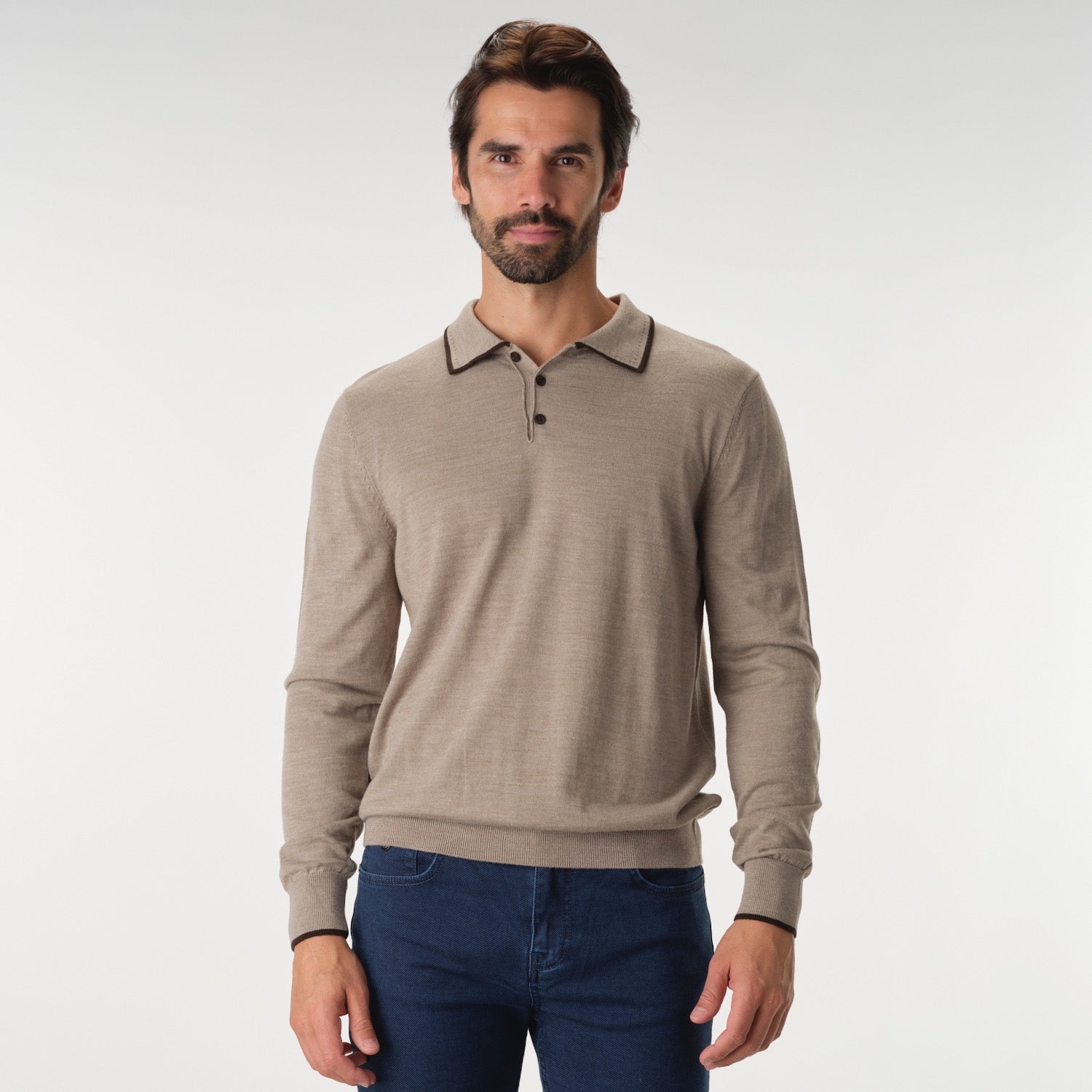 Solid Polo Merino Sweater in Beige