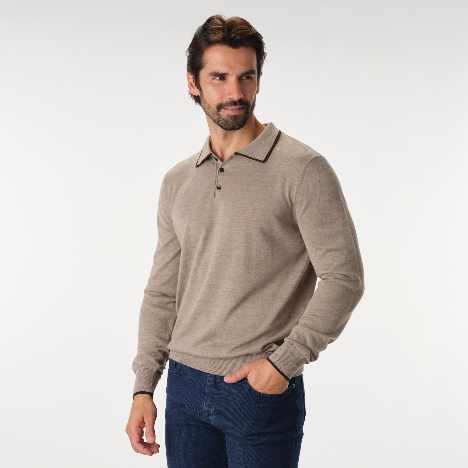 Solid Polo Merino Sweater in Beige