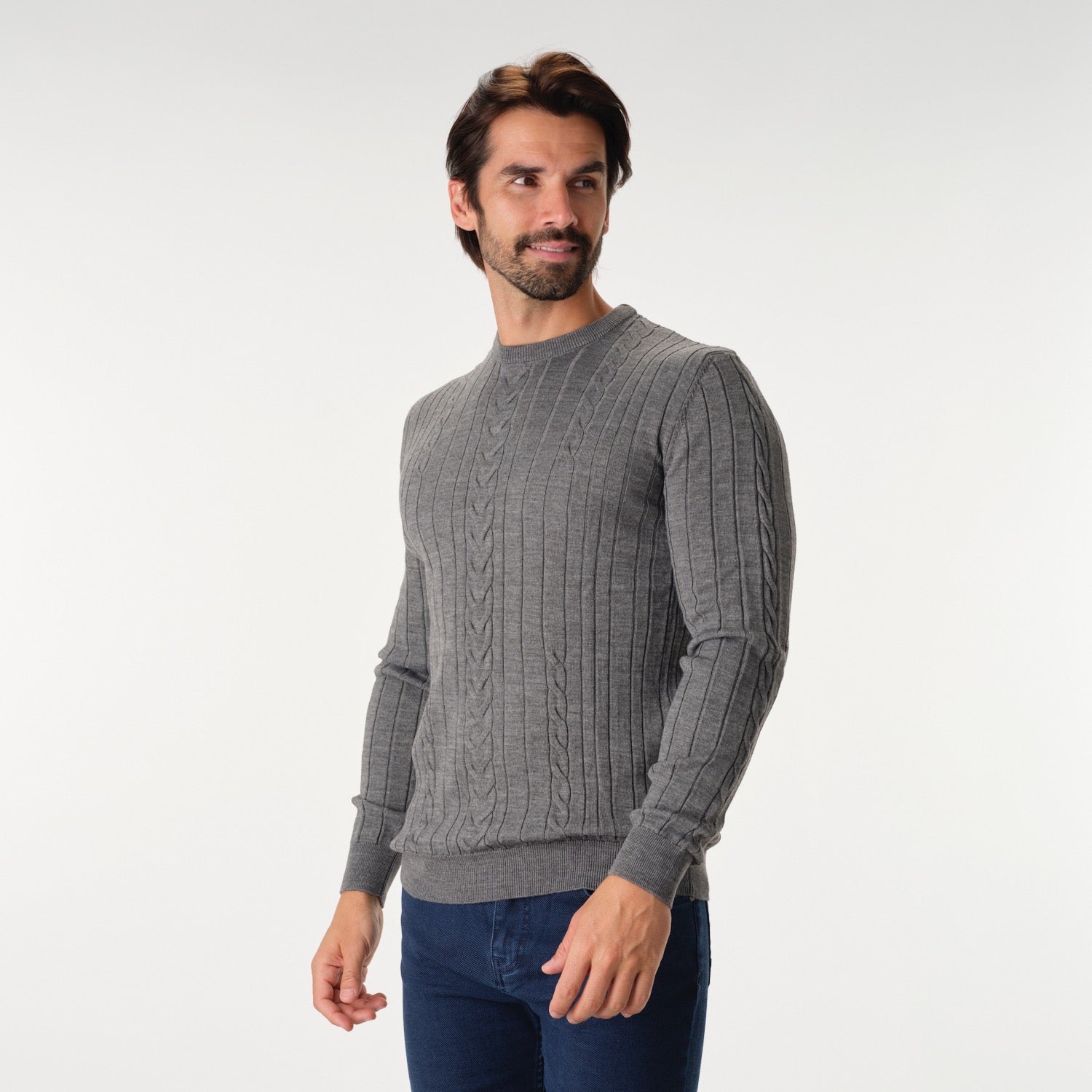 Aran Stitch Crew Neck Gray Sweater