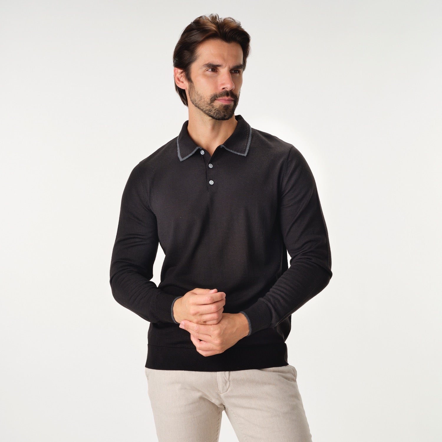 Solid Polo Merino Sweater in Black