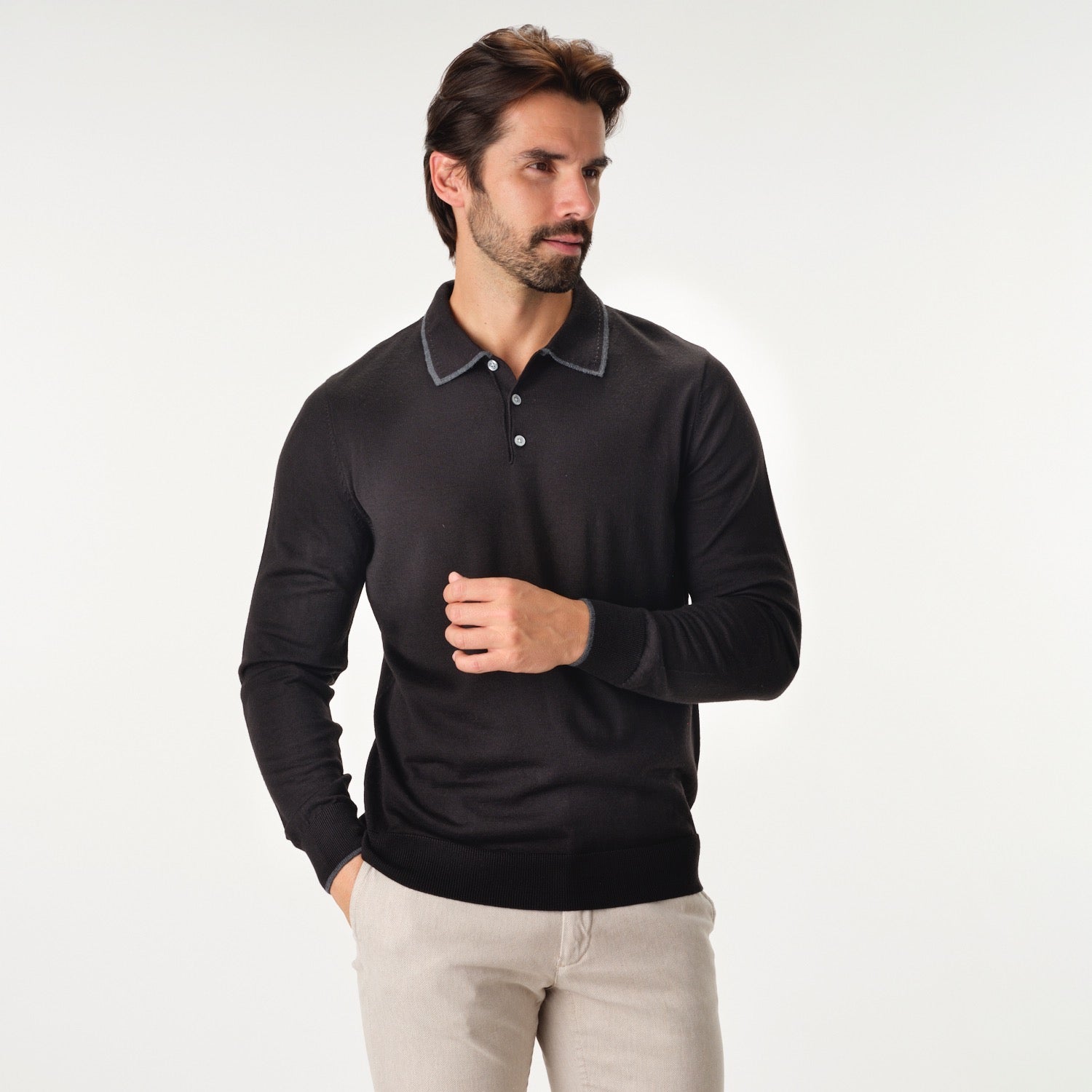 Solid Polo Merino Sweater in Black