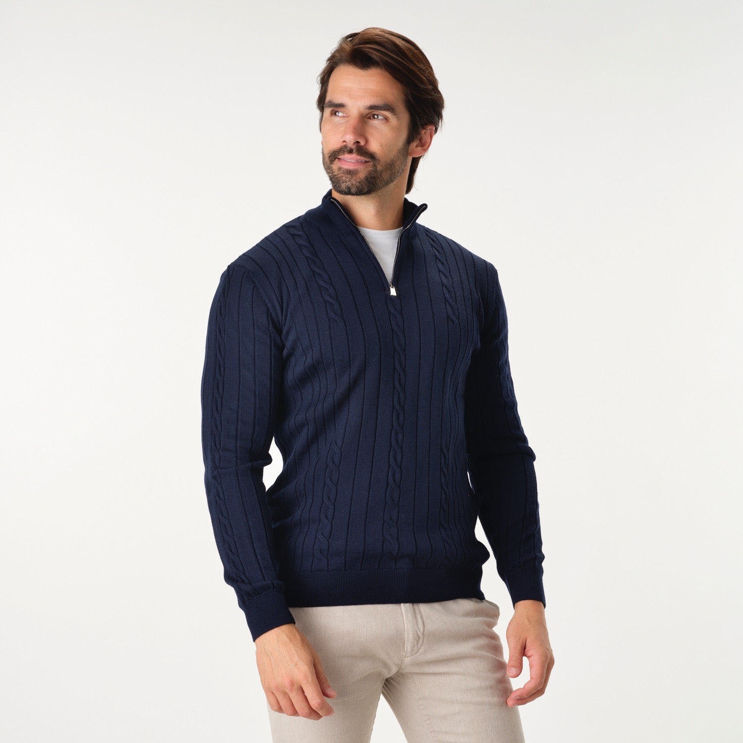 Cable Knit Quarter Zip Navy Sweater