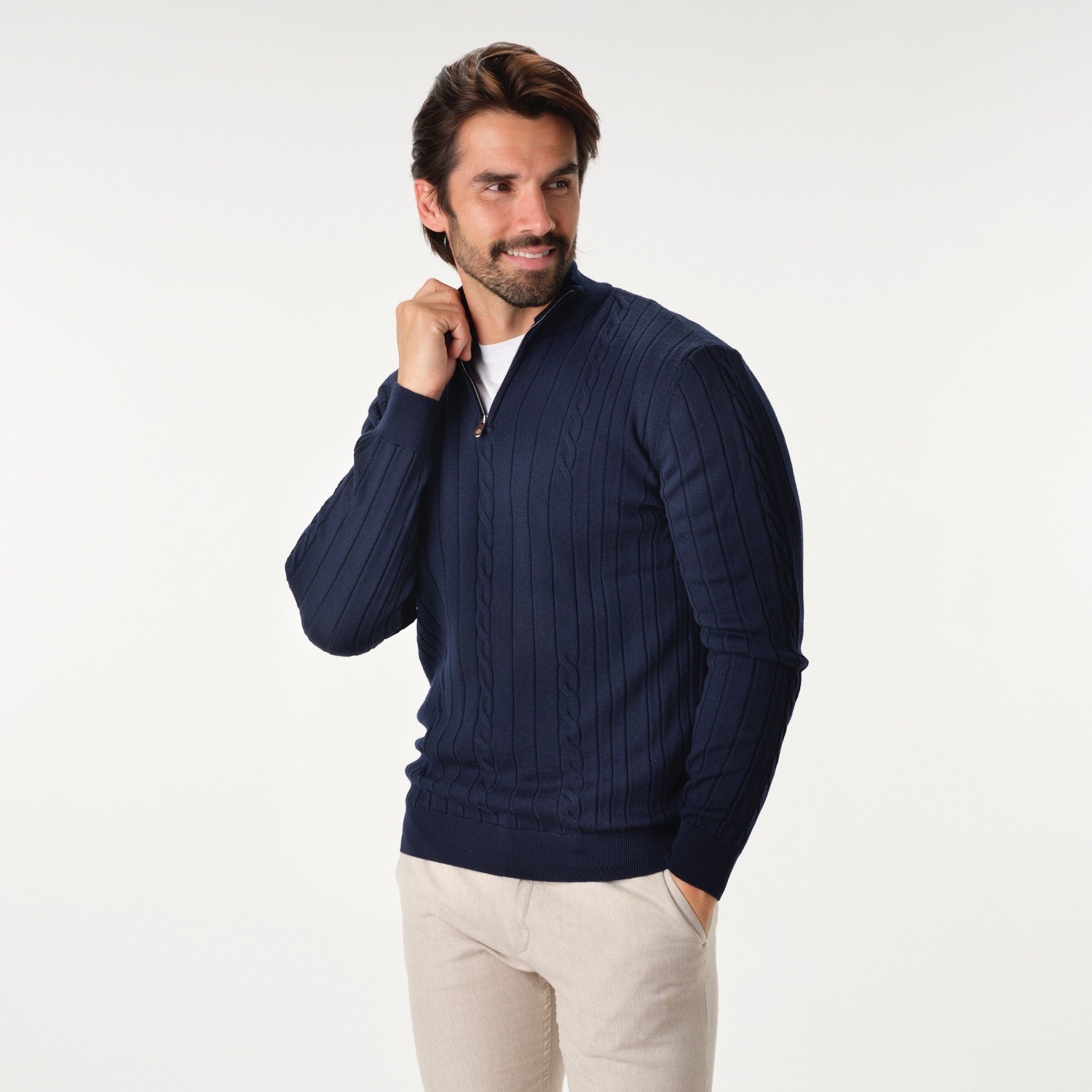 Cable Knit Quarter Zip Navy Sweater