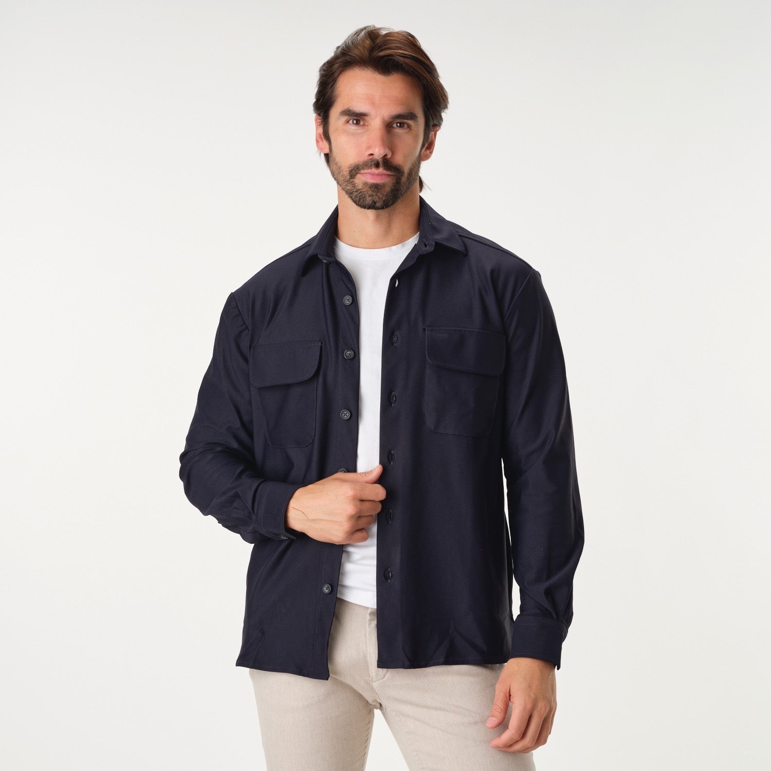 Navy 4-Way Stretch Overshirt With Side Pockets