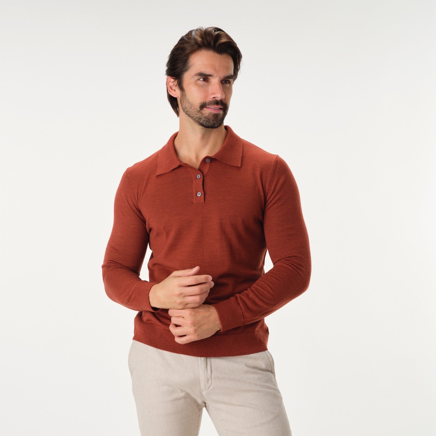 Polo with Buttons Merino Sweater in Burned Orange