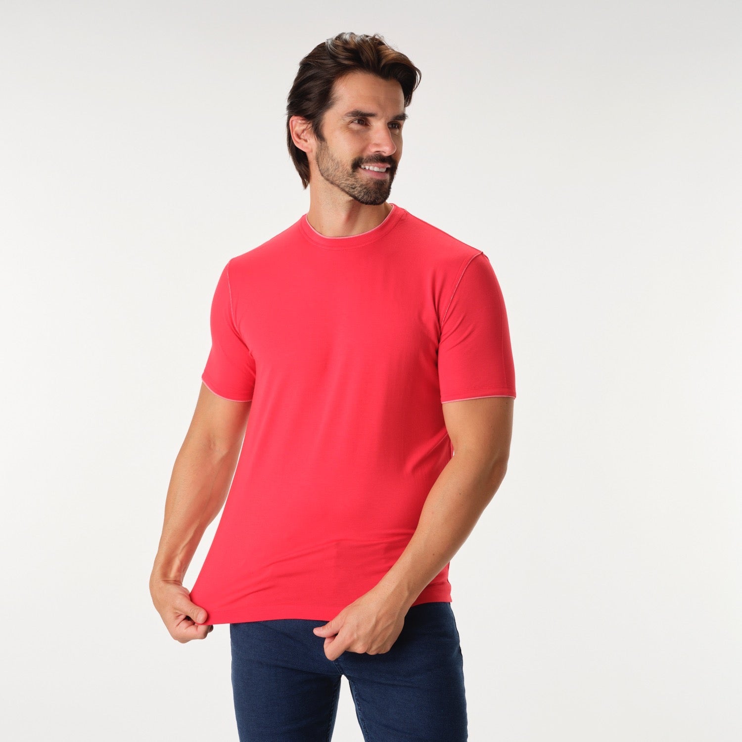Solid Performance Red Stitched Crew Neck T-Shirt