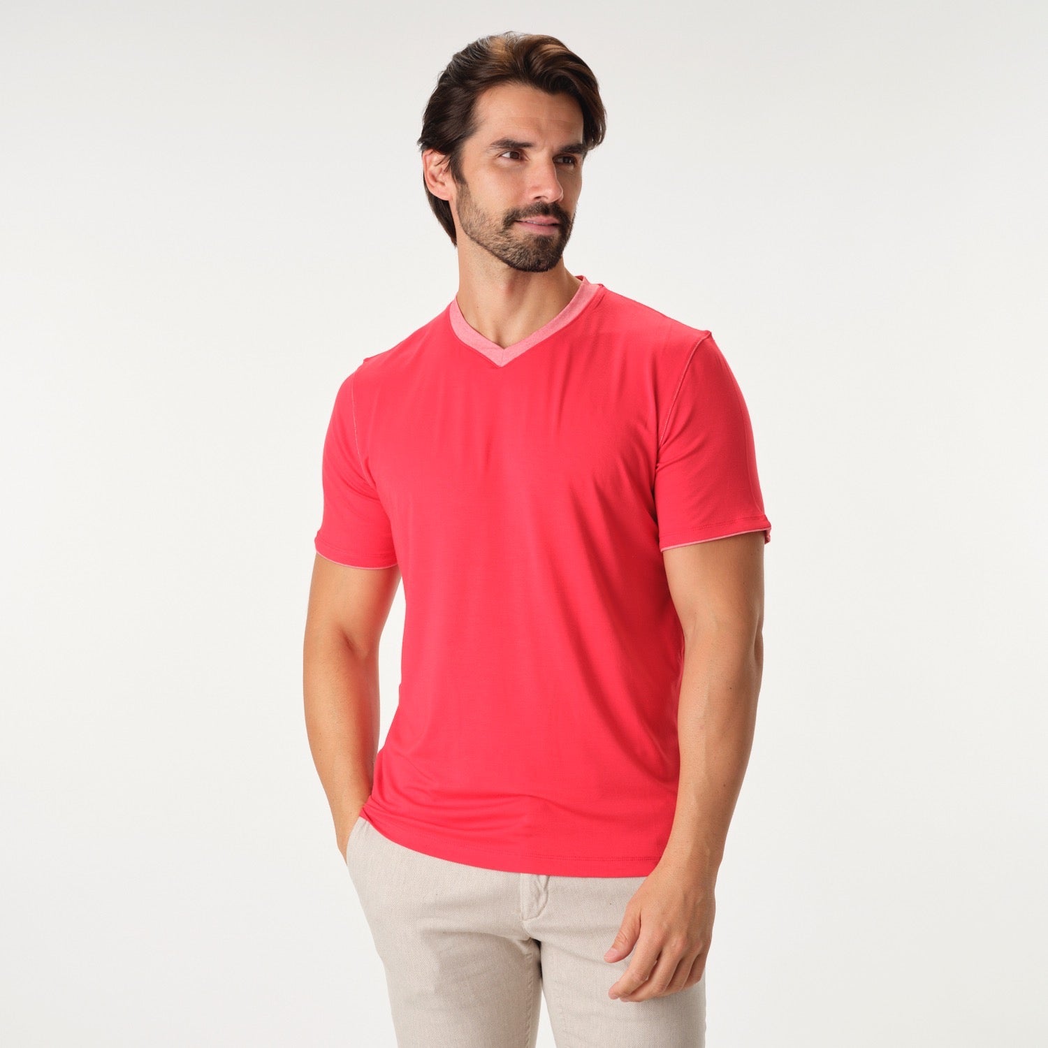 Garnet Men's Ribbed V-Neck Short Sleeve Stretch T-Shirt Red 2317018