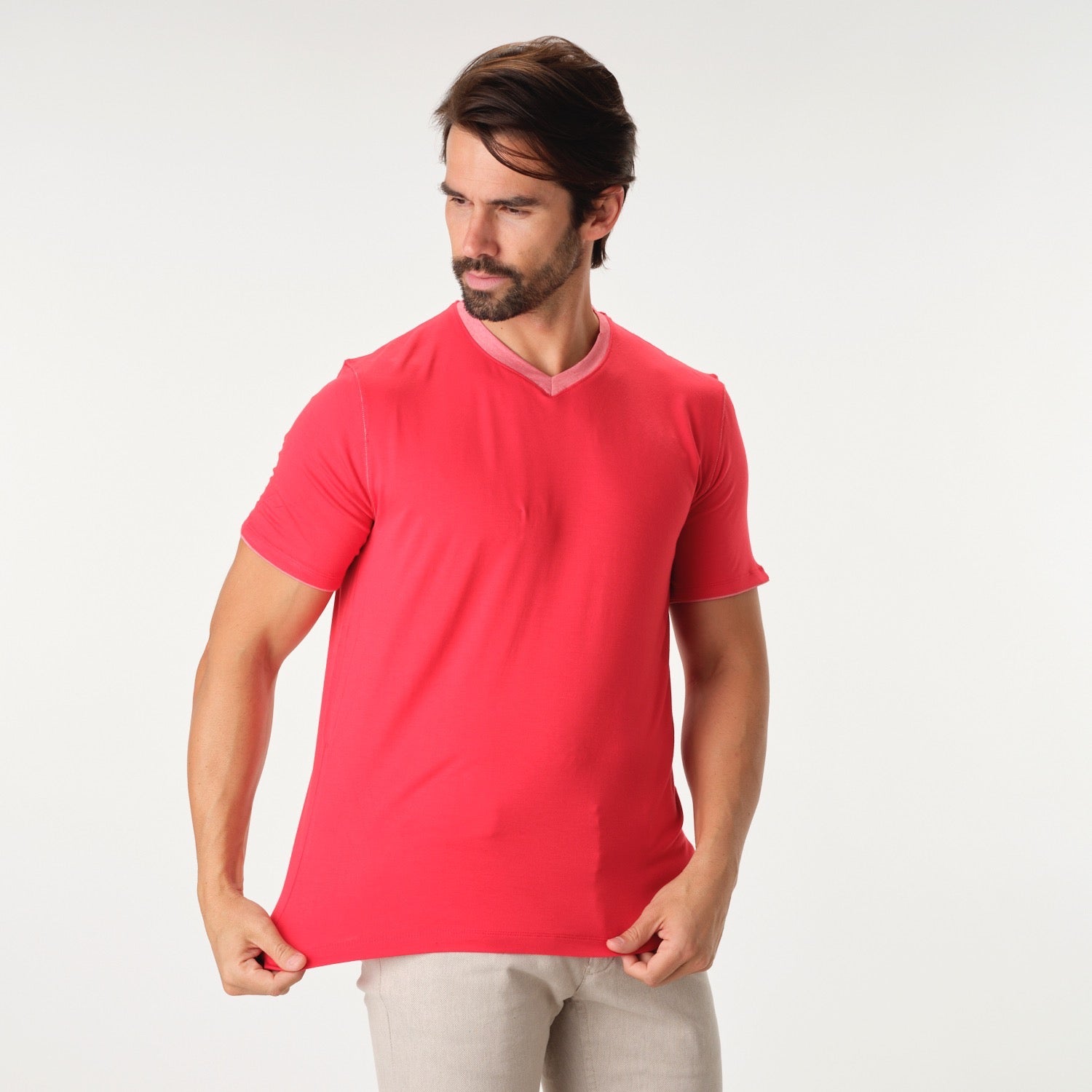 Garnet Men's Ribbed V-Neck Short Sleeve Stretch T-Shirt Red 2317018