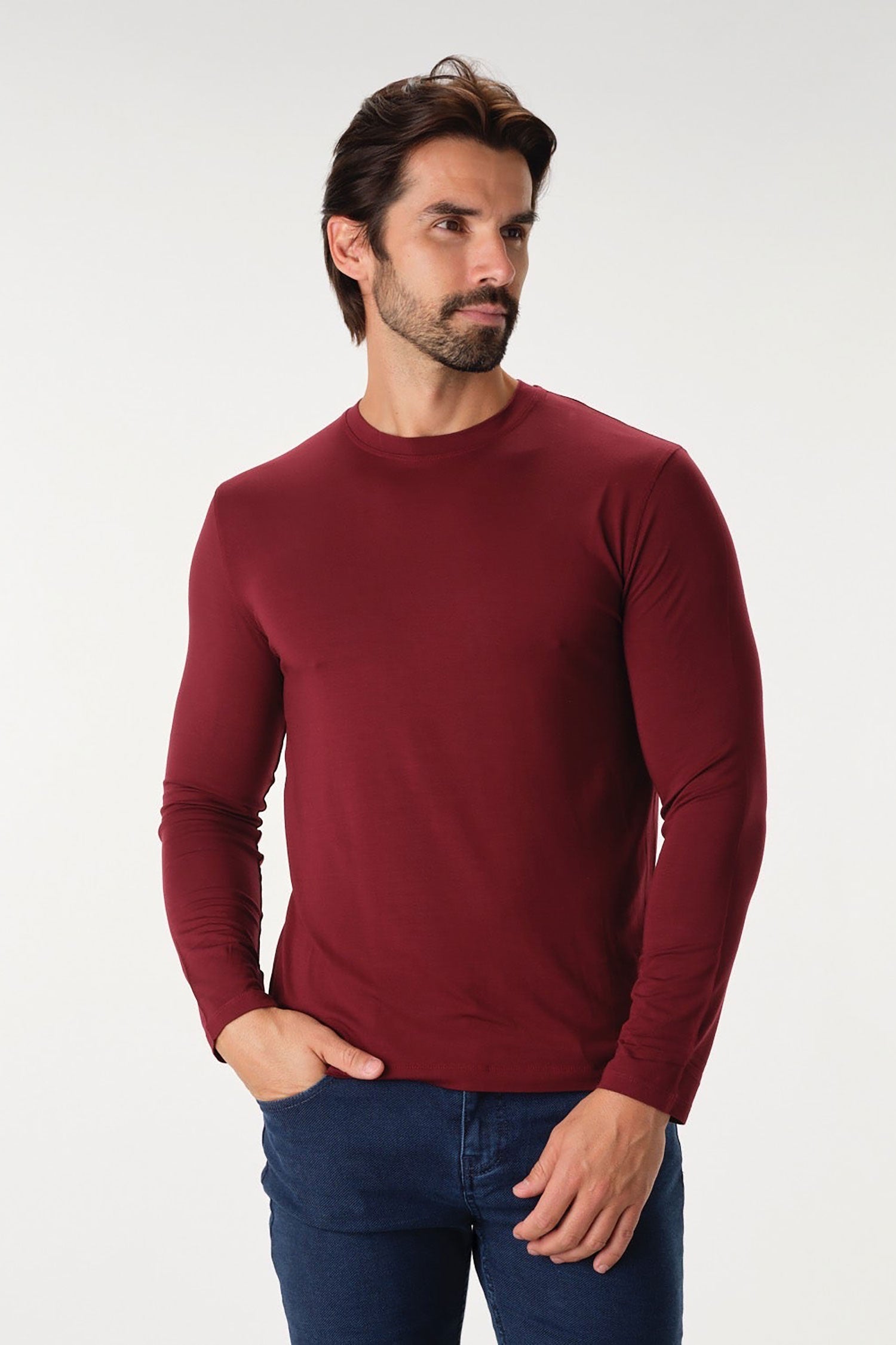 Garnet men's Solid Performance Burgundy Long Sleeve Crew Neck T-Shirt