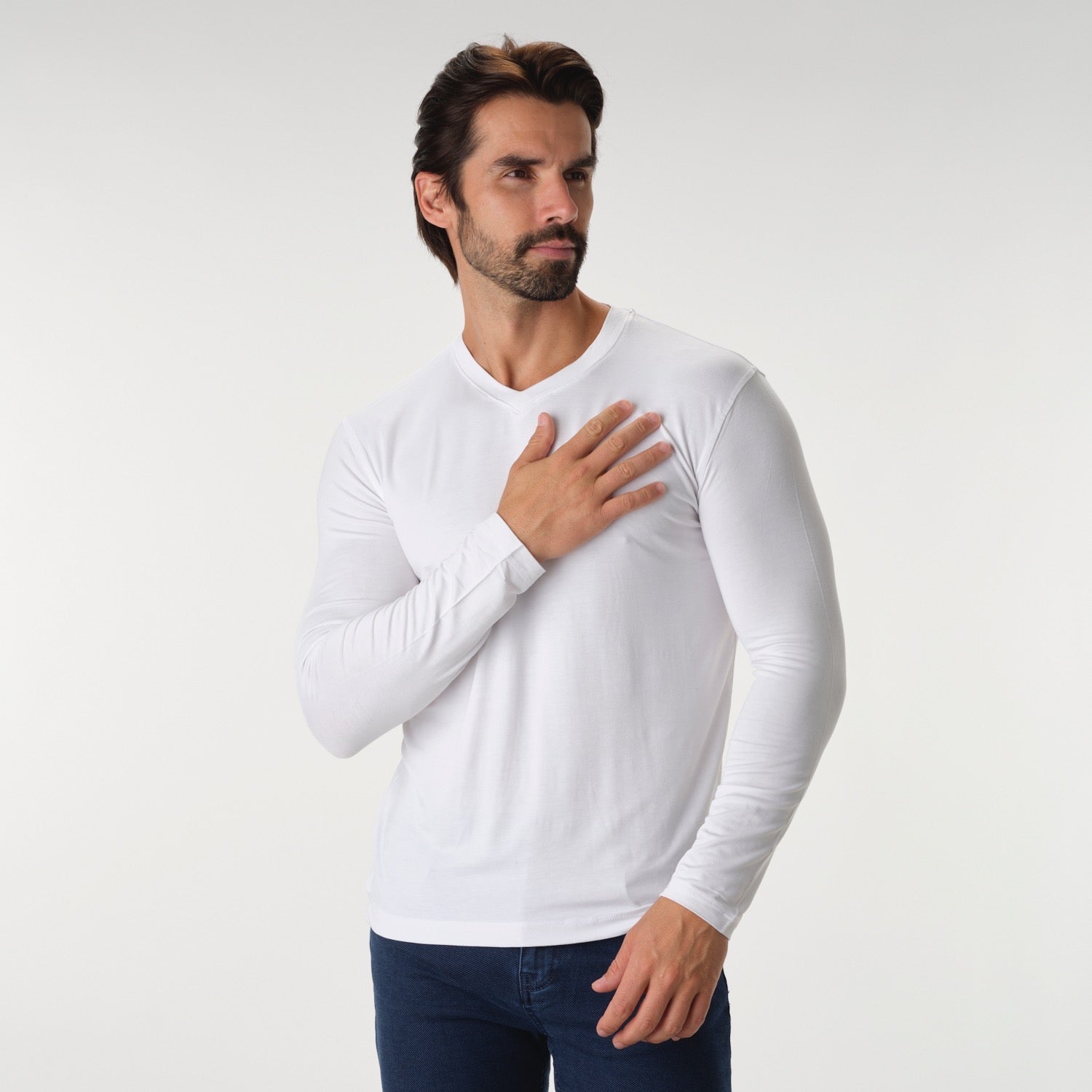 Solid Performance White Long Sleeve V-Neck T-Shirt