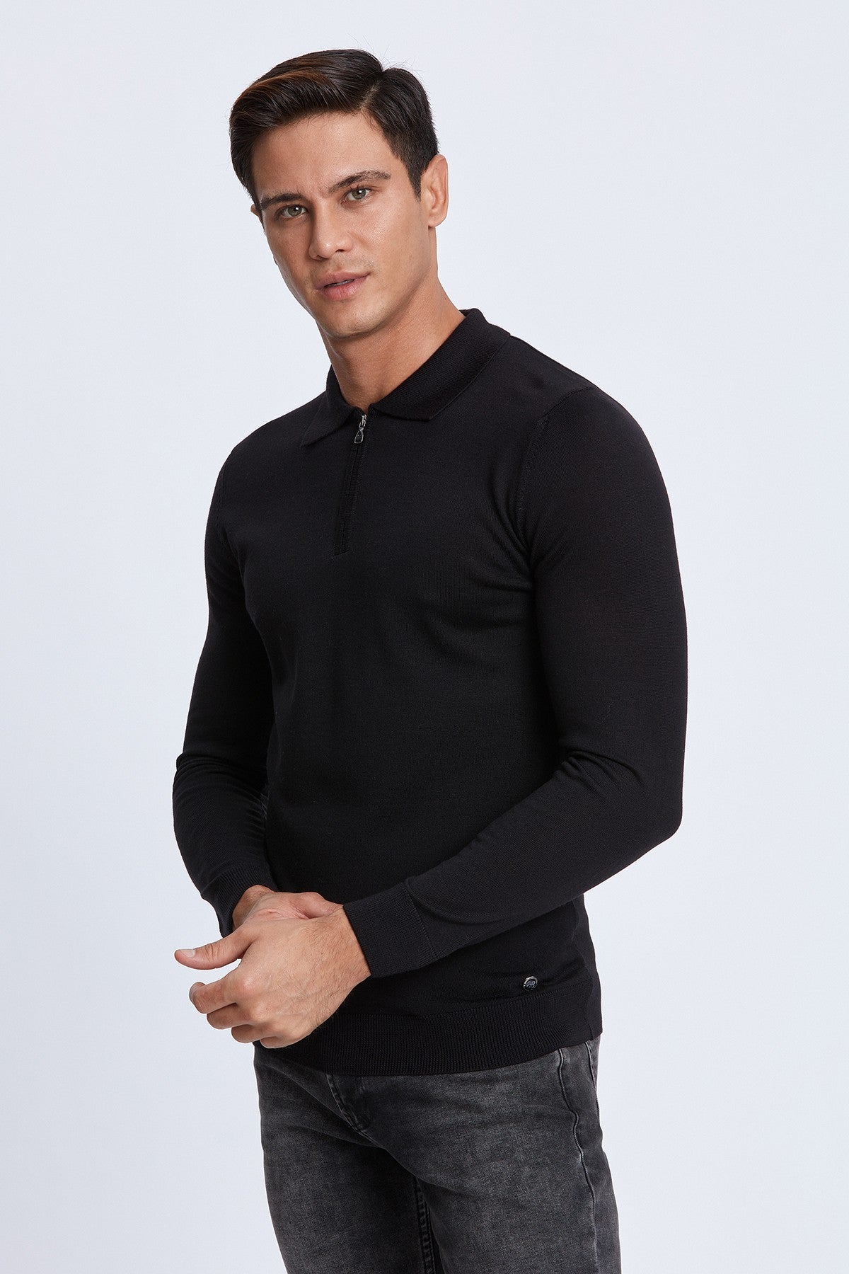 Polo with Zipper Merino Sweater in Black