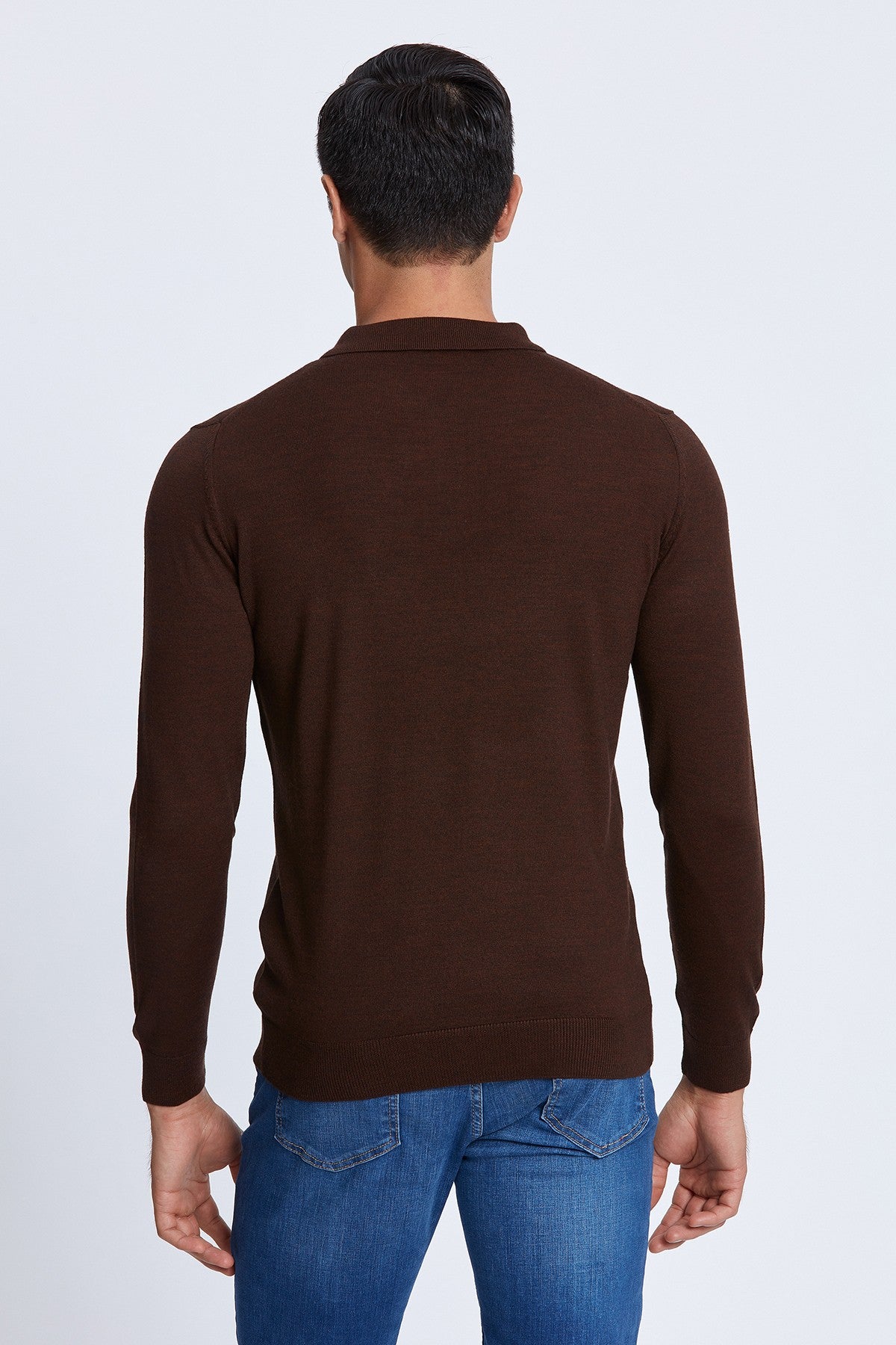 Polo with Zipper Merino Sweater in Brown