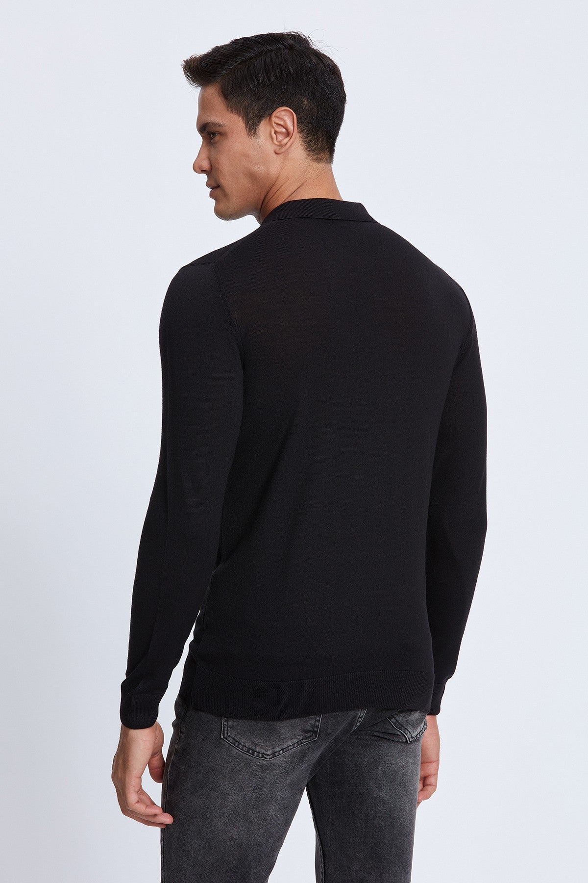Polo with Buttons Merino Sweater in Black