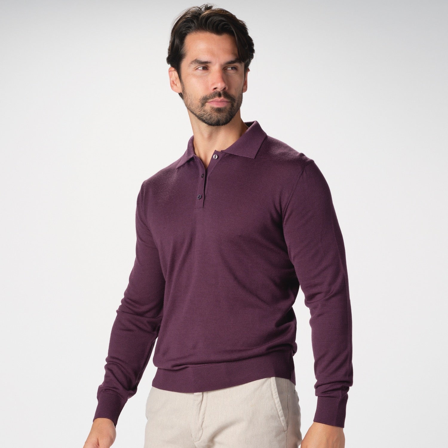 Garnet Men's Knitted Wool Long Sleeve Polo Collar Wine Sweater