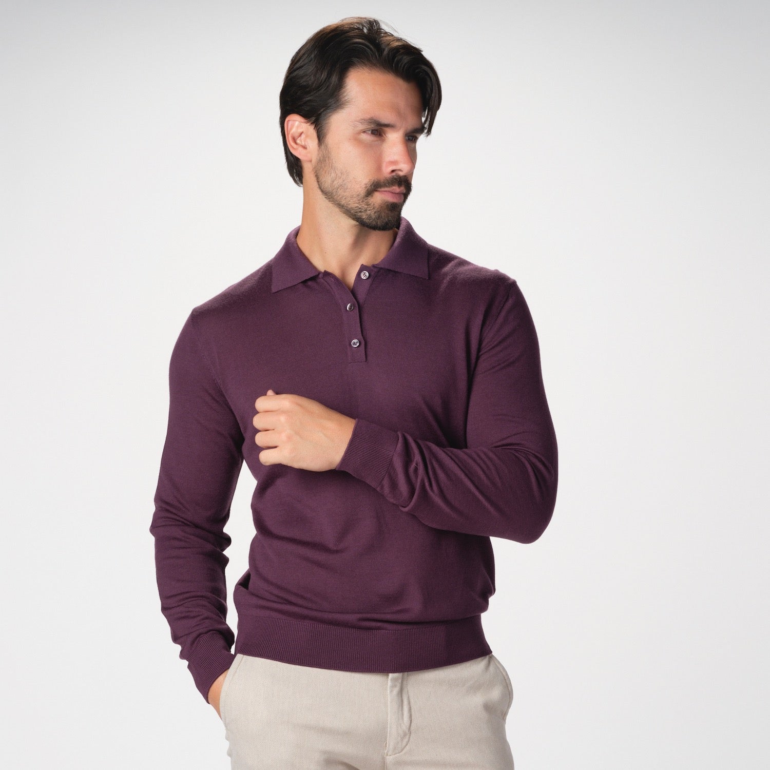 Garnet Men's Knitted Wool Long Sleeve Polo Collar Wine Sweater