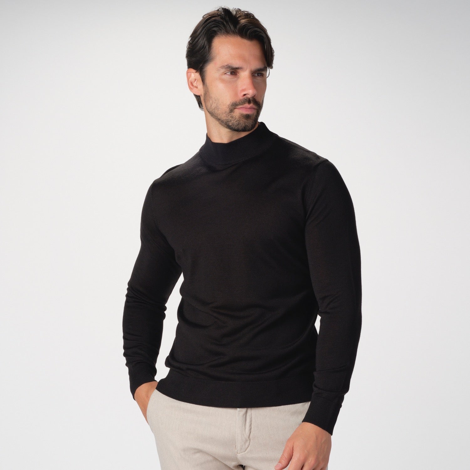 Mock Neck Merino Sweater in Black
