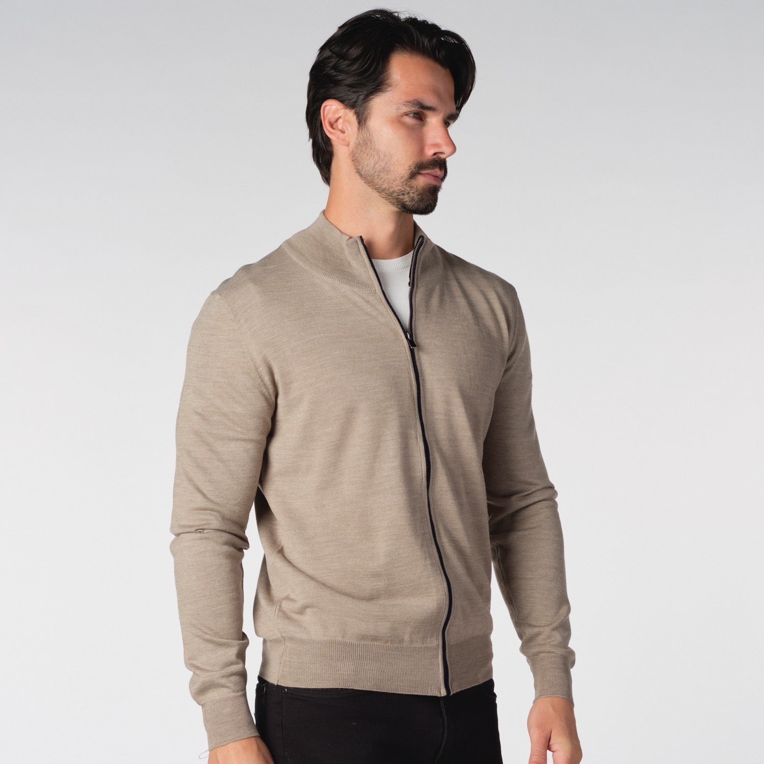 Full Zip Merino Sweater in Beige