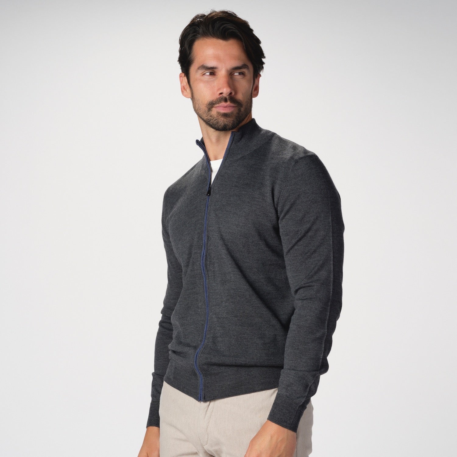 Full Zip Merino Sweater in Charcoal