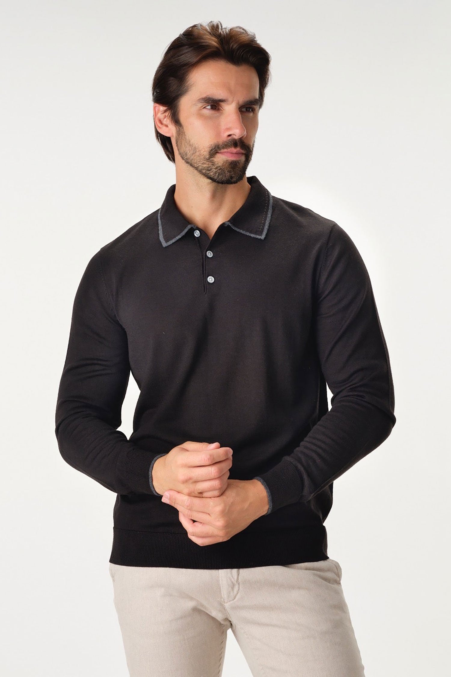 Garnet Men's Merino Wool Solid Long Sleeve  Polo Sweater 2322018 Black