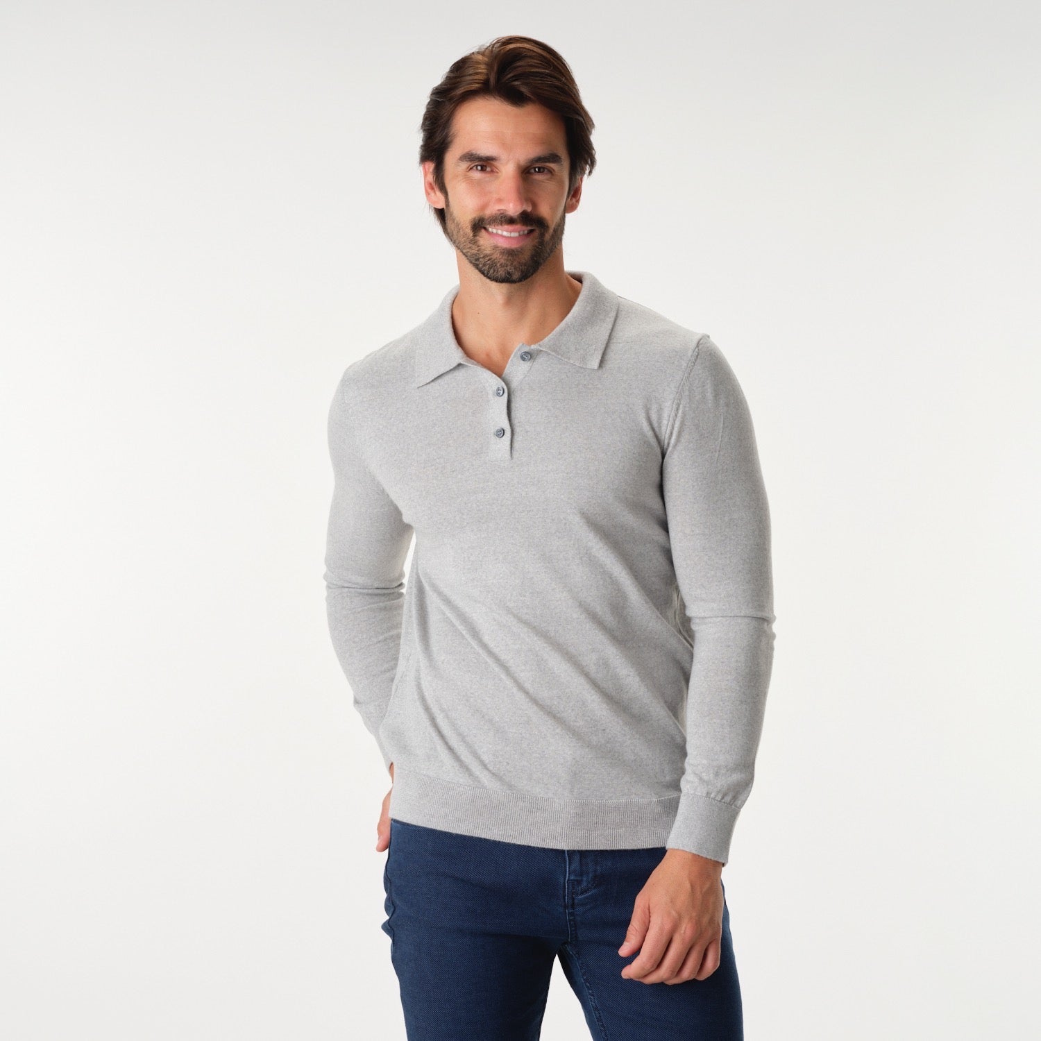 Garnet Men's Merino Wool Solid Polo Long Sleeve Sweater BTK 7002 grey