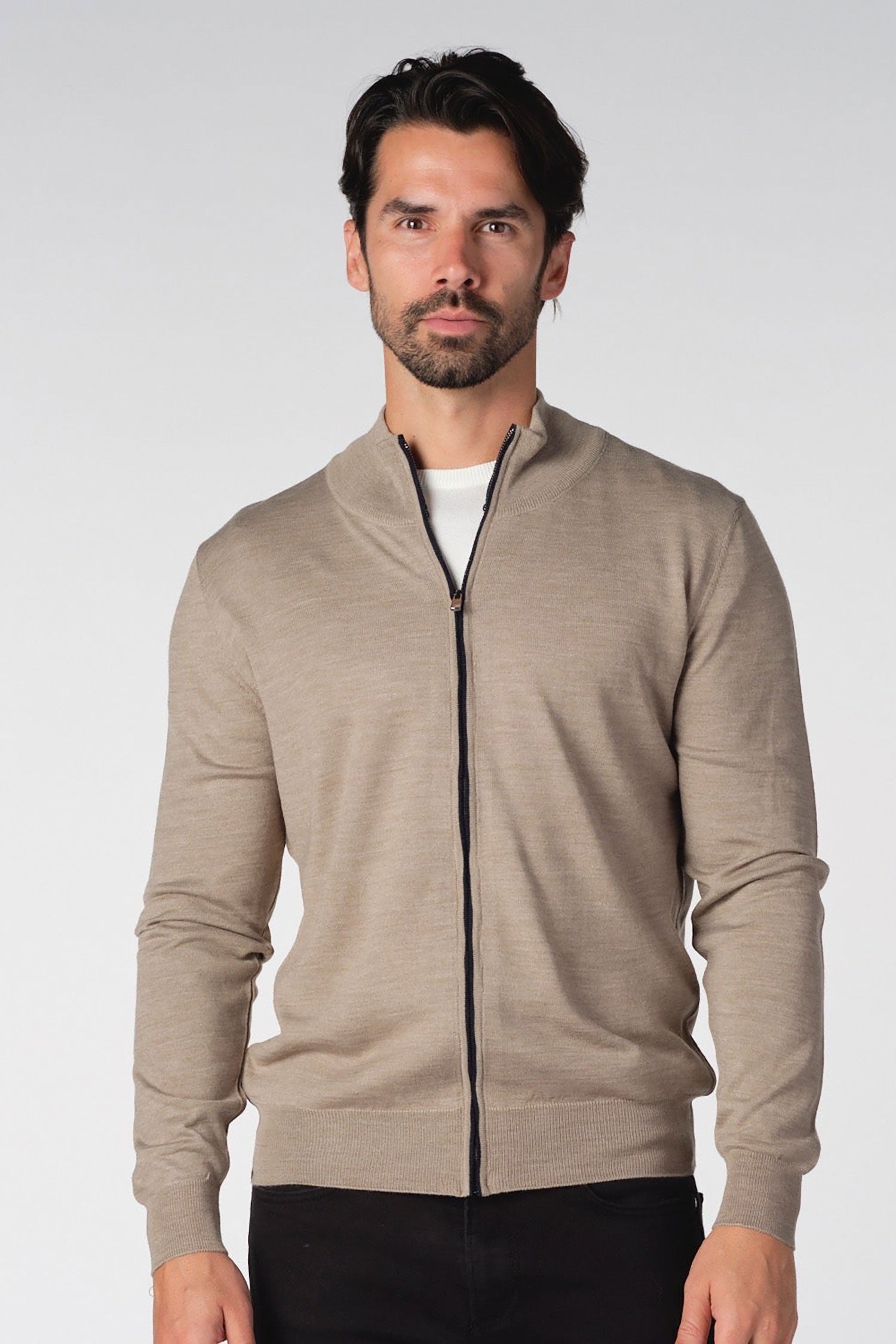 Garnet Men's Merino Wool Solid Full-Zip Long Sleeve Sweater BTK 7009 Beige