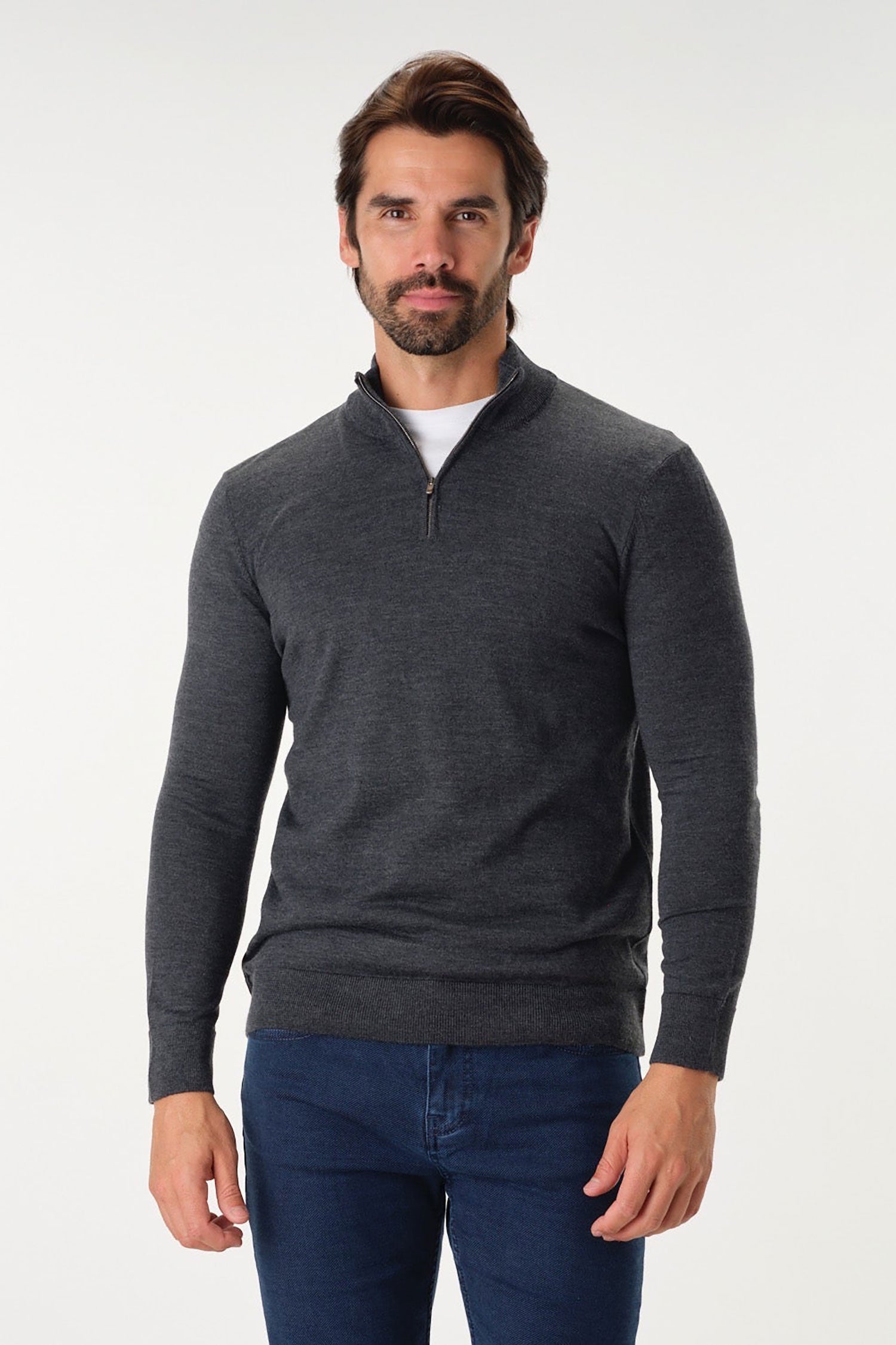 Garnet Men's Wool Solid Quarter Zip Long Sleeve Sweater BTK 7007 Charcoal