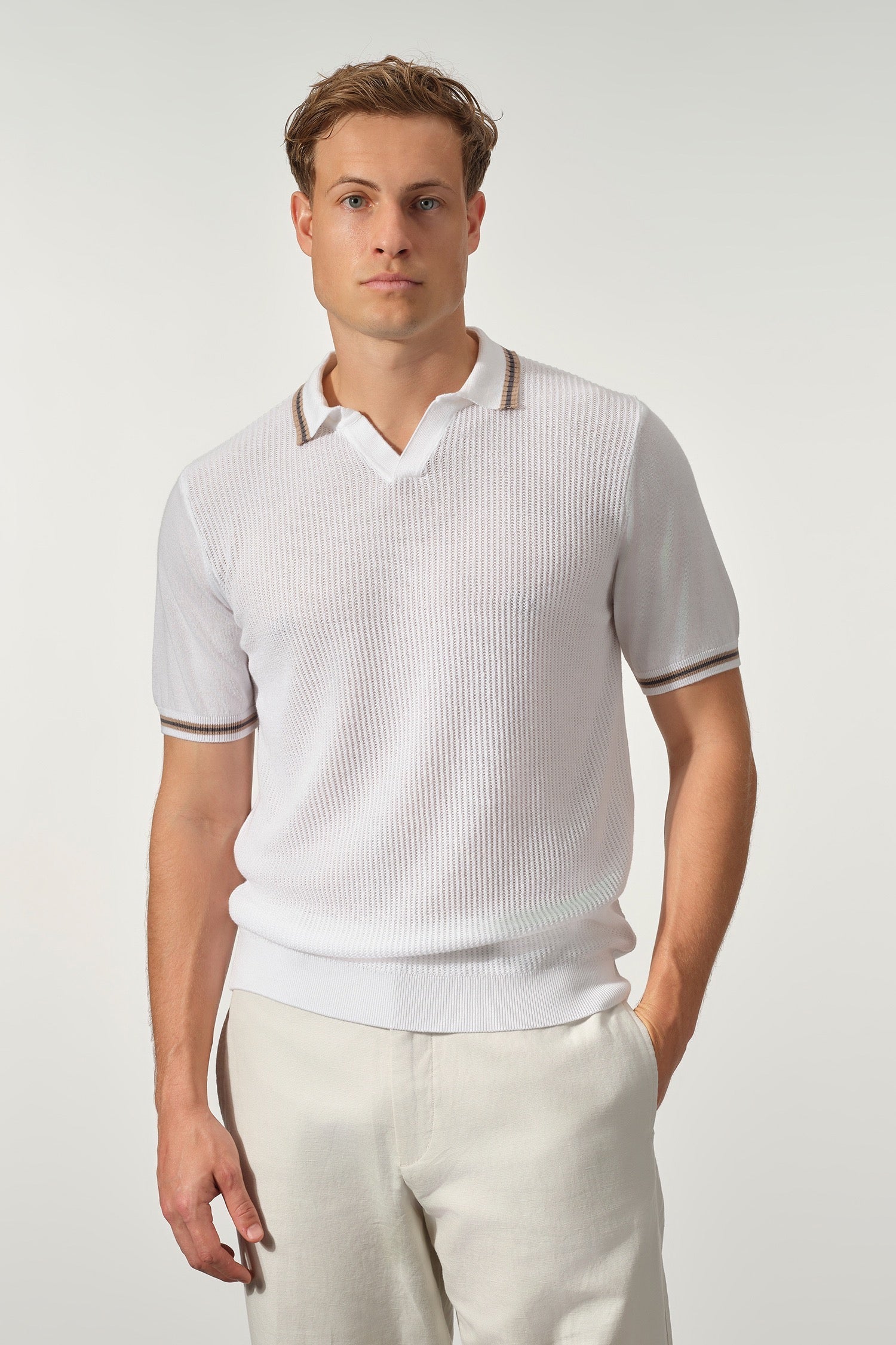 Open Collar Textured Cotton-Tencel Polo