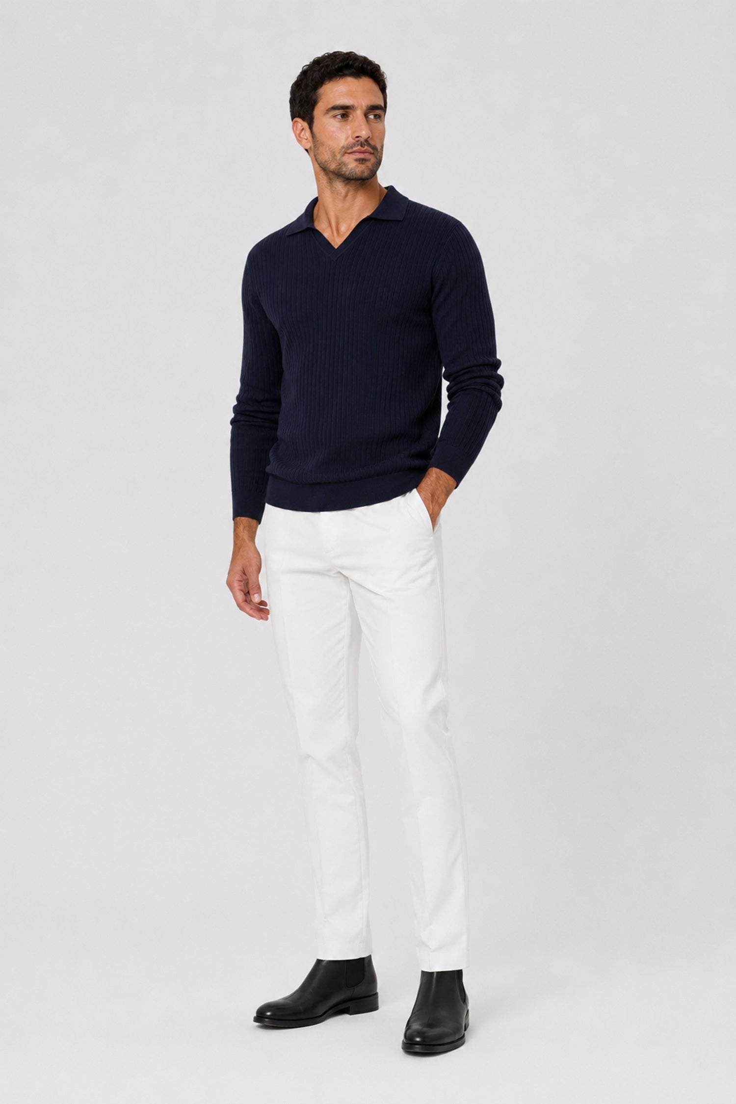 Wade Merino V Polo Button-Collar Sweater
