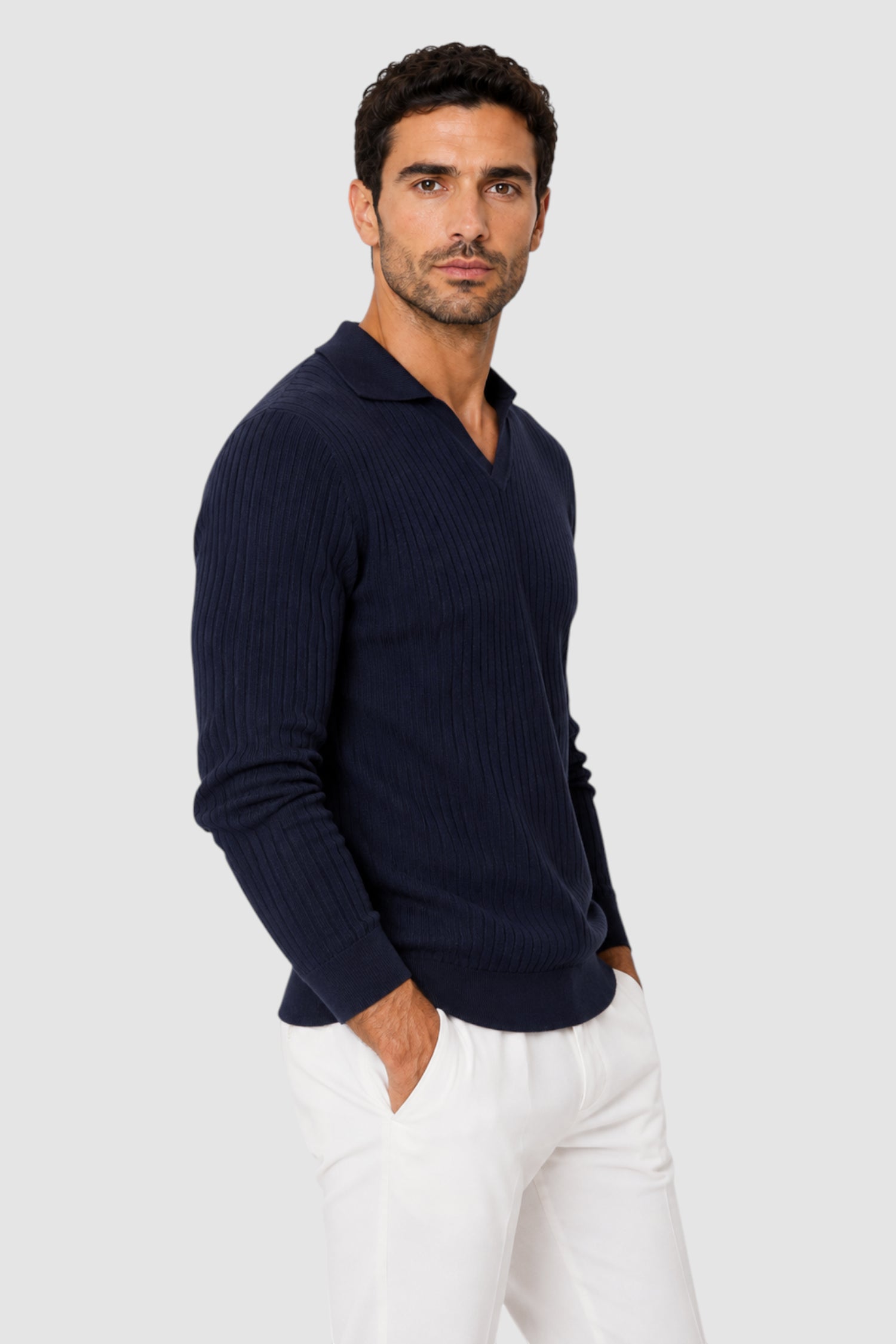 Wade Merino V Polo Button-Collar Sweater