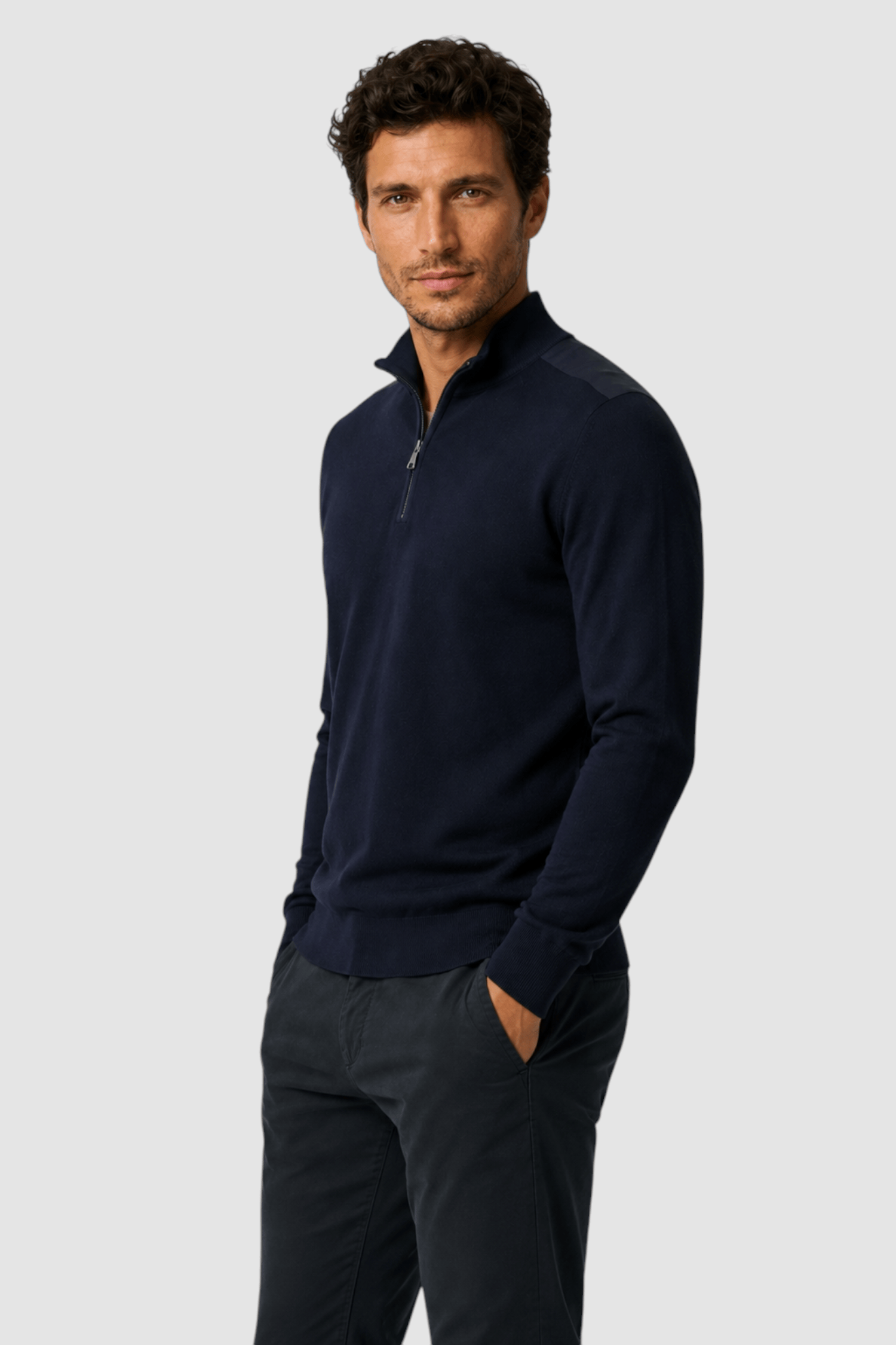 Huxley Suede-Patch Quarter-Zip Sweater