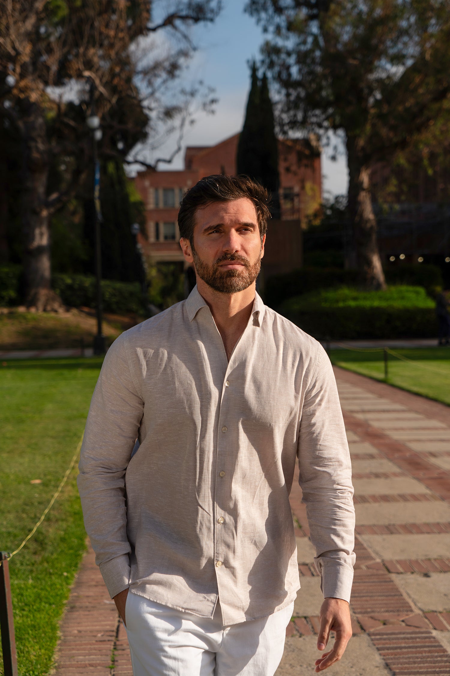 Roll Up Collar Linen Blend Shirt
