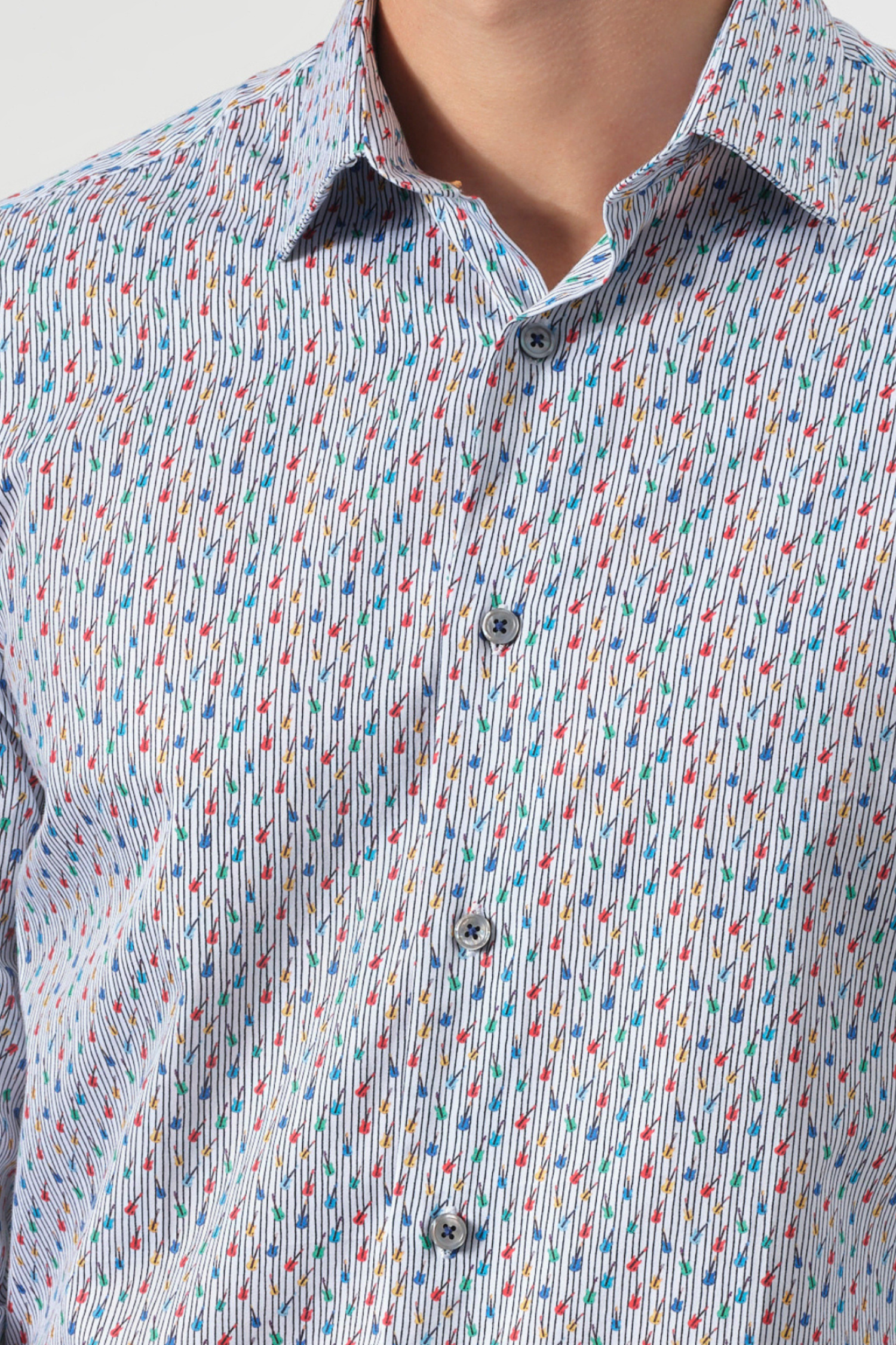 Striped Cotton Shirt with Guitar Micro-Print