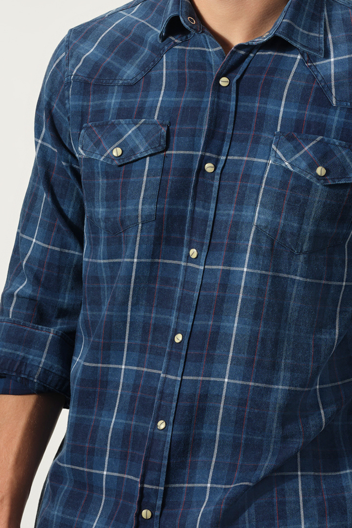Indigo Plaid Cotton Snap Shirt